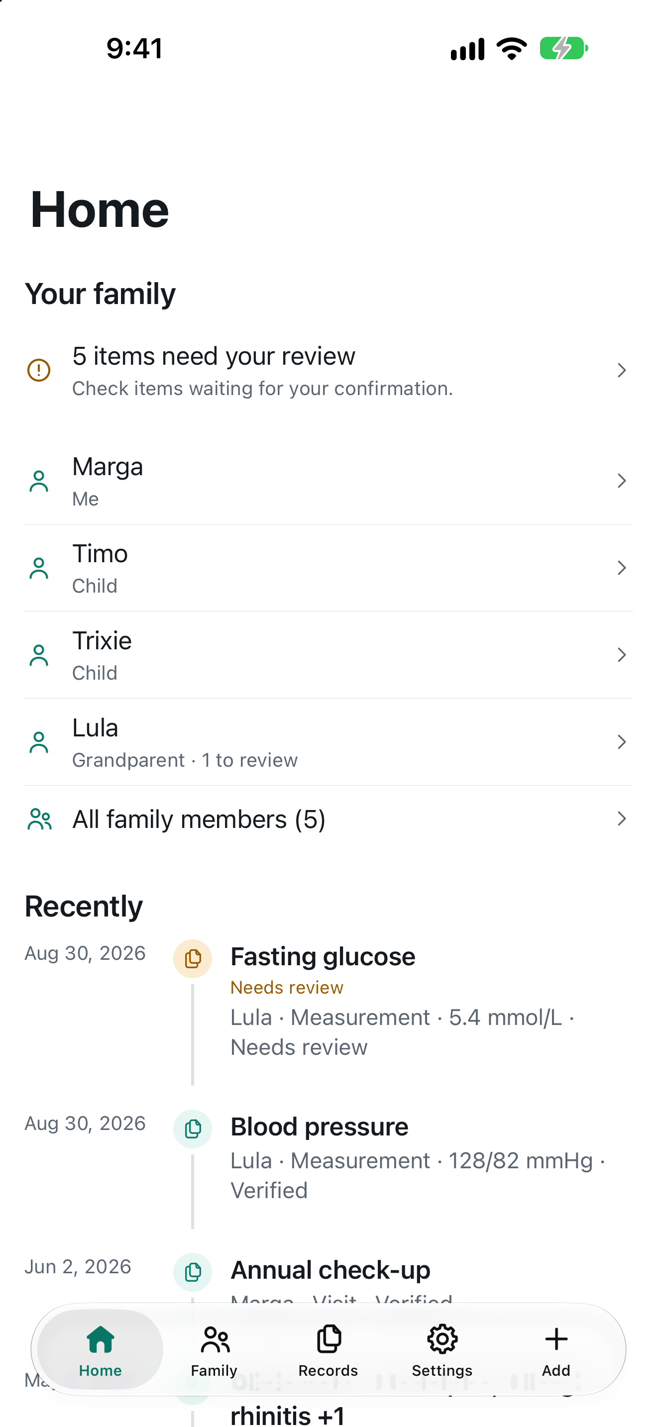 The Arooqa family-history app showing a fictional family's profiles and recent records.