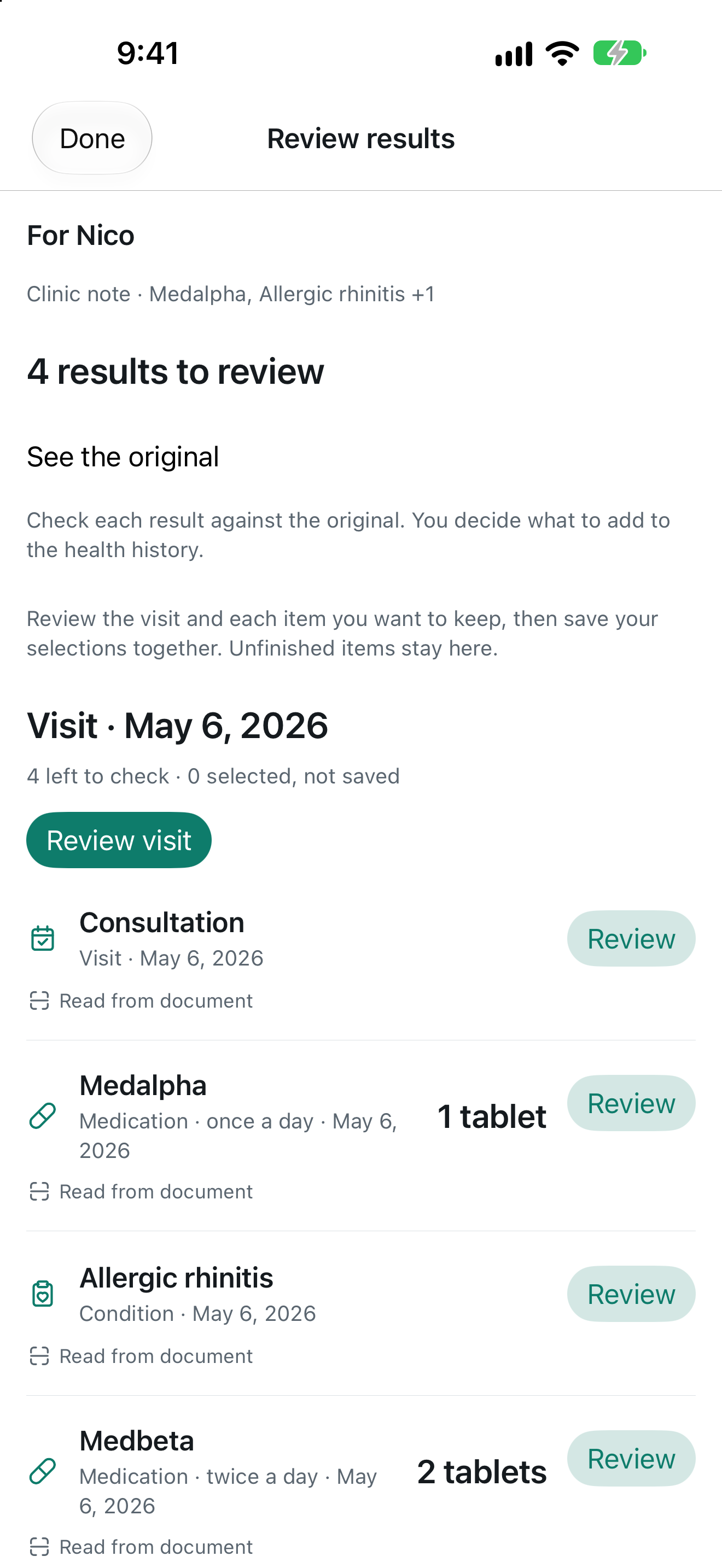 The Review results screen for Nico's clinic note: a visit, two medications and a condition, each marked Read from document with a Review button.