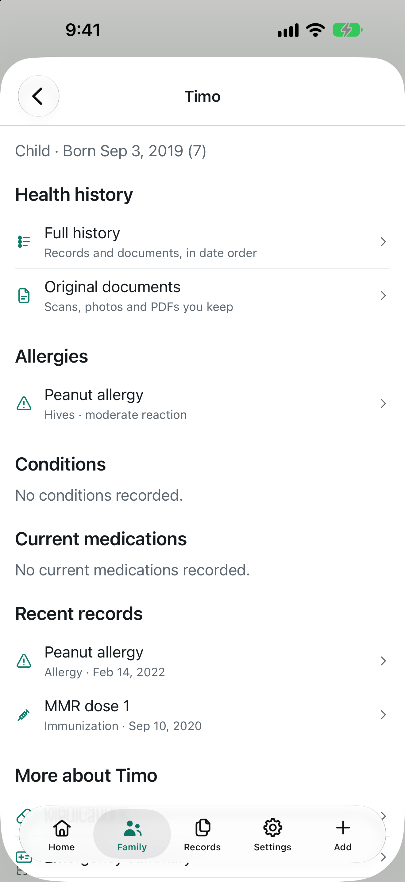 Timo's profile: born 2019, a peanut allergy, no conditions or current medications, and an MMR immunization among recent records.
